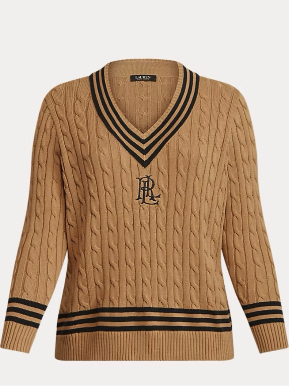 Lauren Ralph Lauren Tan Cable-Knit V-Neck Sweater with Navy Trim